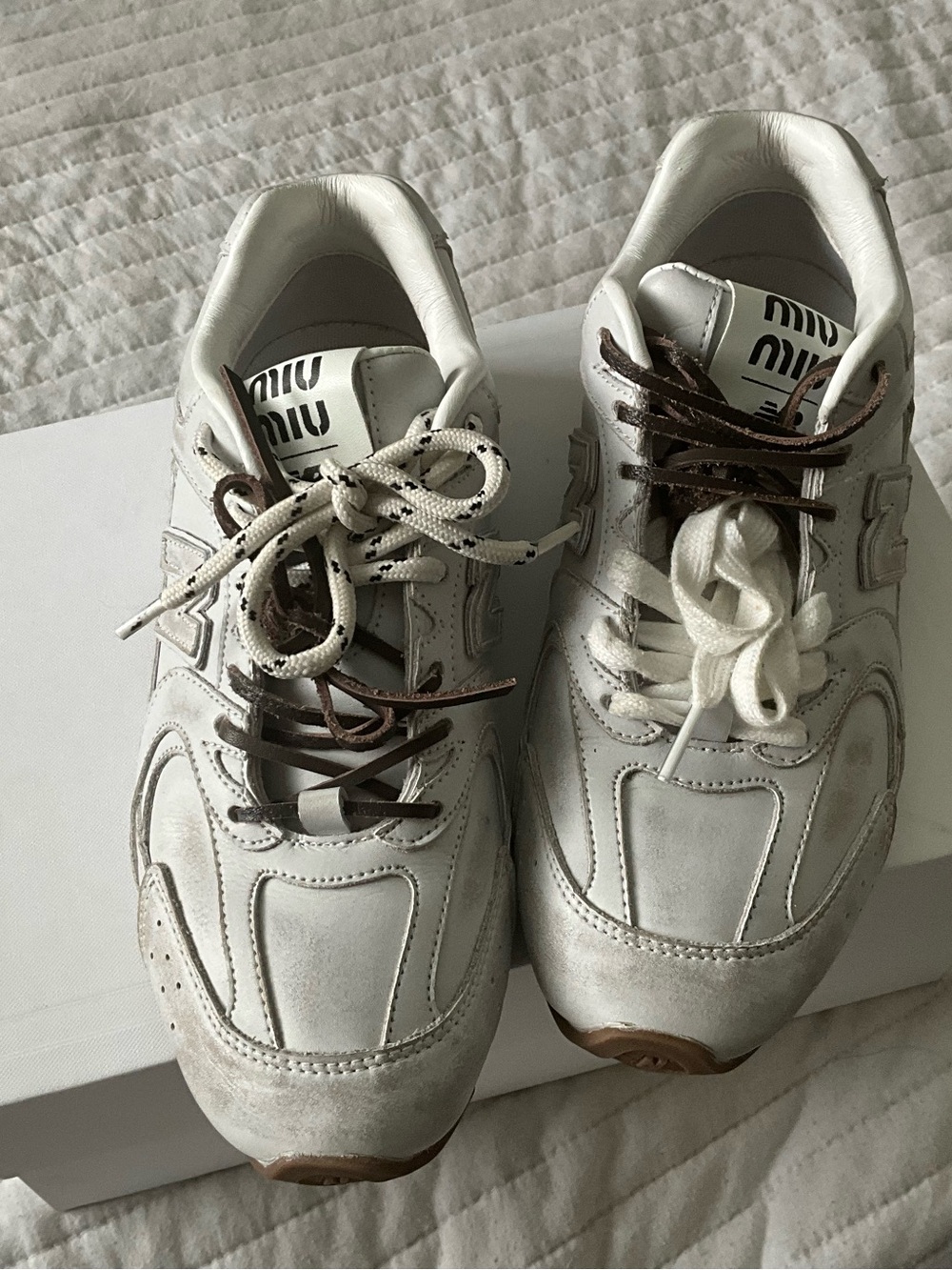 Miu Miu White Leather Low-Top Sneakers with Brown Accents
